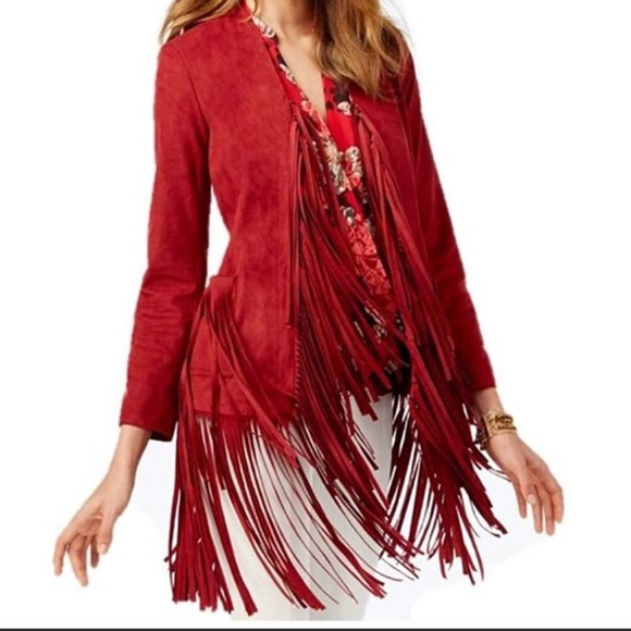 INC International Concepts Jackets & Blazers - NWT INC Stunning FULL length sleeve Vegan Suede Ruby Red Fringe jacket